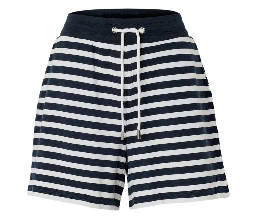 Kurze, gestreifte Hose in Marineblau und Weiß mit Tunnelzug.