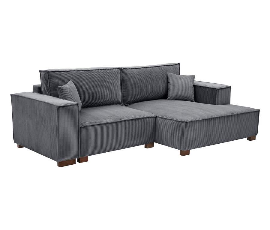 Graues Cord-Ecksofa mit zwei Rückenkissen und einem Zierkissen.