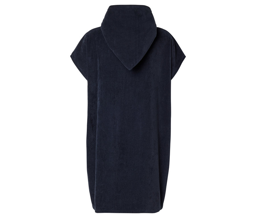 Dunkelblauer, kurzärmliger Badeponcho mit Kapuze, von hinten aufgenommen.