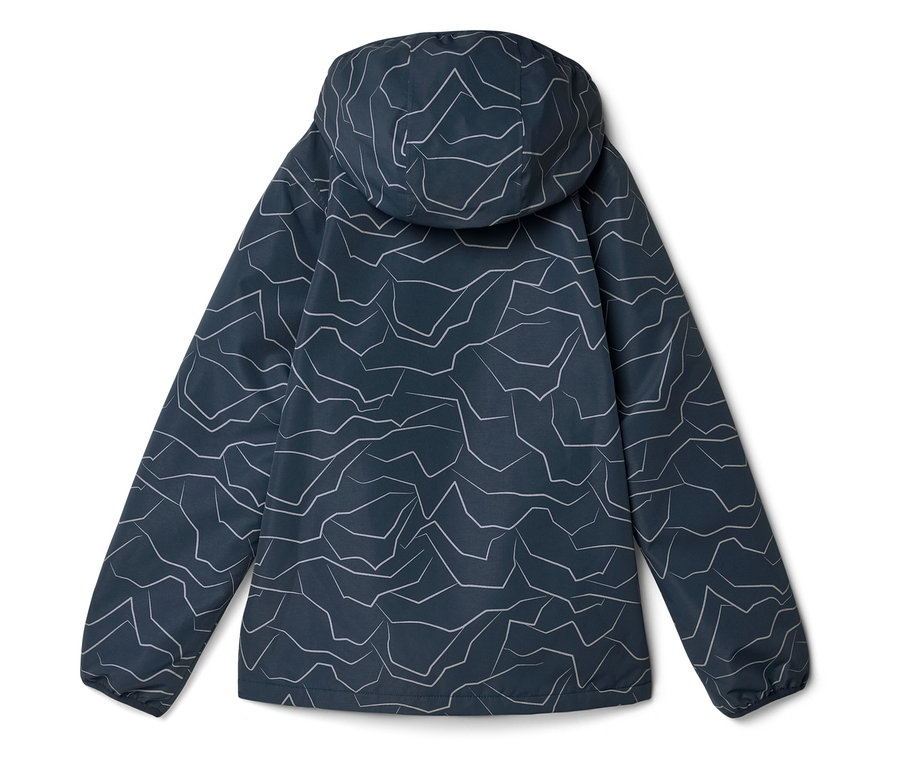 Dunkelblaue Jacke mit Kapuze und weißem Zickzackmuster, von hinten fotografiert.