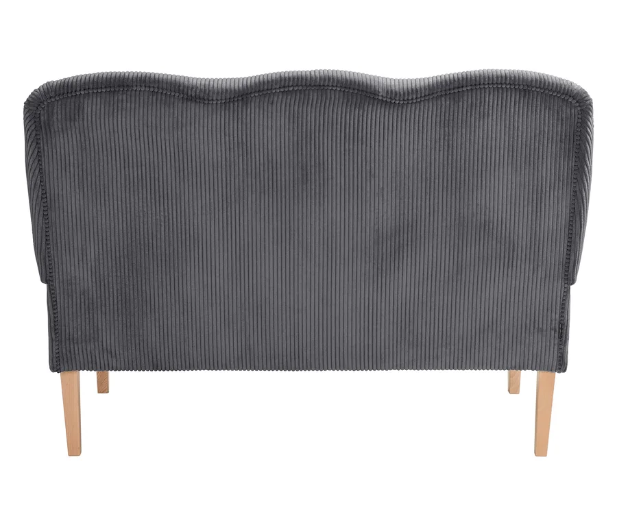 Rückansicht eines grauen Cordsofas mit Holzbeinen.