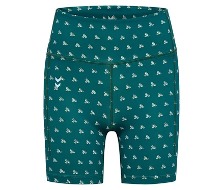 Nahaufnahme der HUMMEL Damen-Short-Tights in Grün mit weißem Muster.