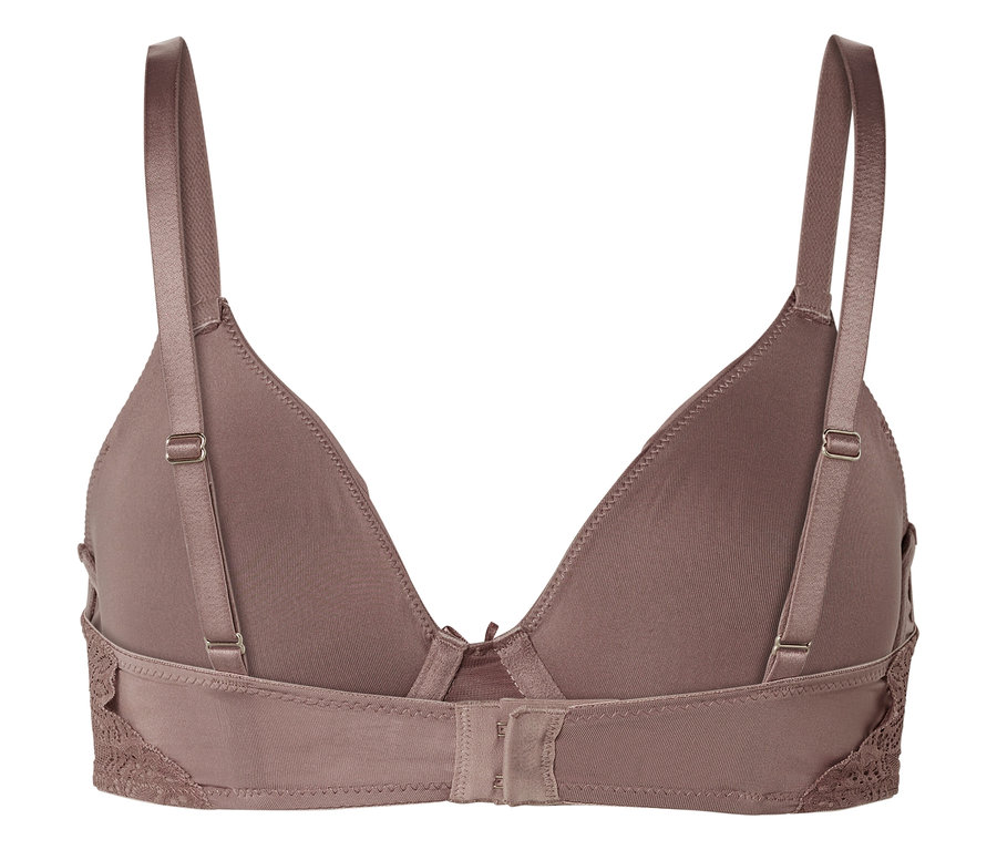 Rückansicht eines braunen BHs mit verstellbaren Trägern und Spitzenakzenten.