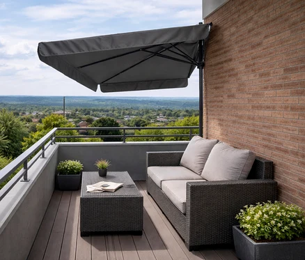 Ein graues Sofa und ein Tisch stehen auf einem Balkon mit Blick auf eine grüne Landschaft.
