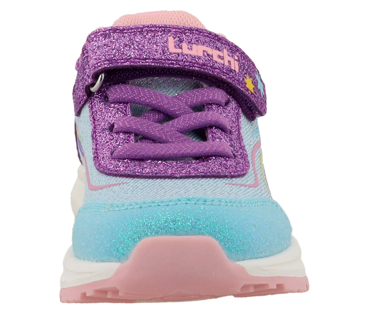 Nahaufnahme von einem LURCHI Sneaker »Anni« mit lila Schnürsenkeln und Glitzerakzenten.