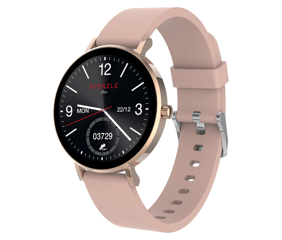 Nahaufnahme der roségoldfarbenen Kienzle Uhr »Active Smart Slim« mit schwarzem Zifferblatt und hellrosafarbenem Armband.