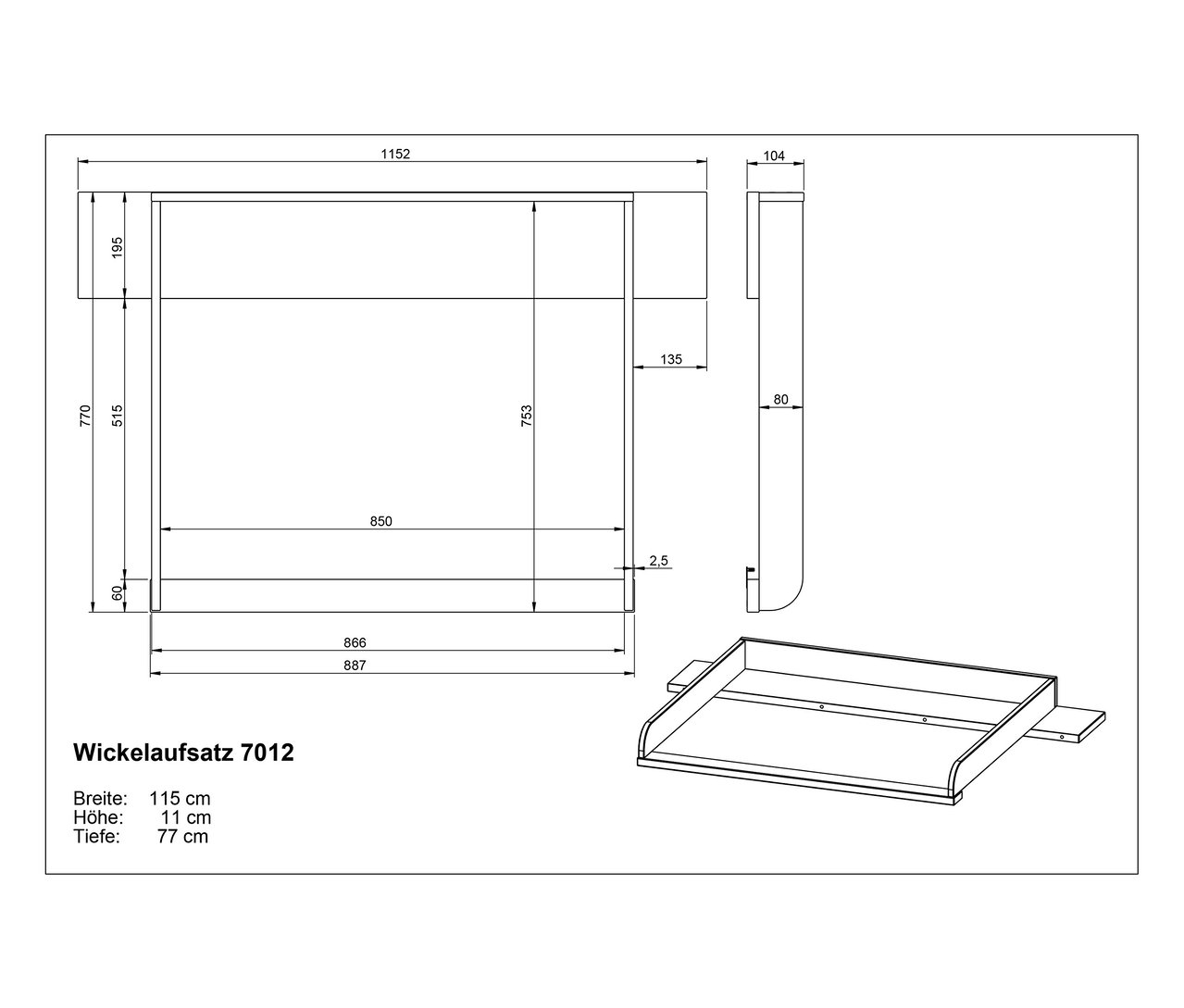Technische Zeichnung von einem Set »Alkmaar«, Kommode und Wickelaufsatz, breit, mit den Maßen.