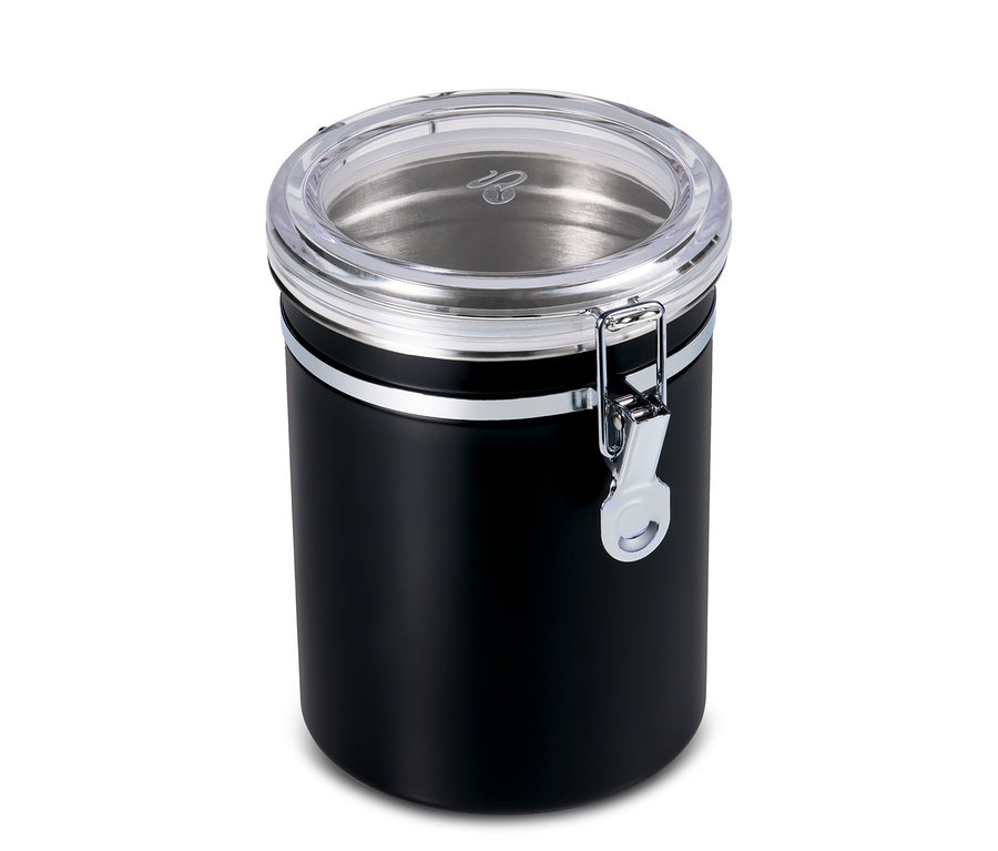 Eine schwarze Aromadose mit transparentem Deckel.