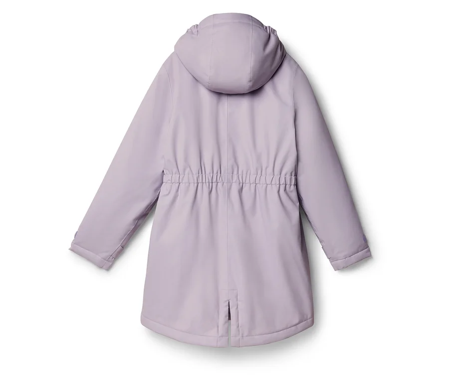 Lila Jacke mit Kapuze, von hinten gesehen, mit geraffter Taille und einem kleinen Schlitz am unteren Saum.