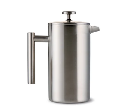 Eine doppelwandige Siebstempelkanne aus Edelstahl mit 900 ml Fassungsvermögen, gebürsteter Oberfläche, Griff und Deckel mit Pressstempel.