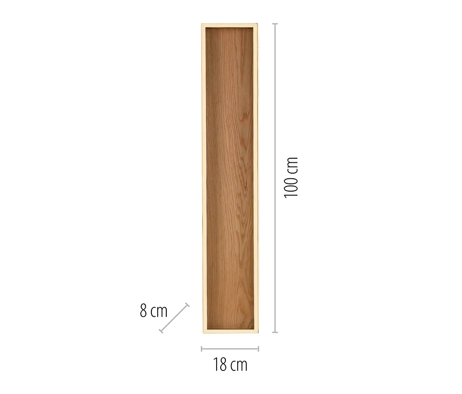 Rechteckiges Wandregal aus hellem Holz mit den Maßen 100x18x8 cm.