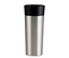 Ein silberner Coffee-to-go-Becher aus Edelstahl mit schwarzem Deckel.