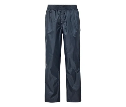 Navyfarbene Regenhose mit elastischem Bund, flach liegend.