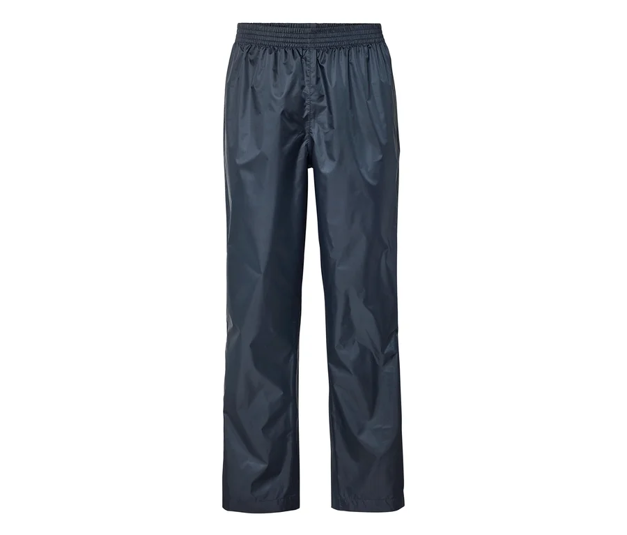Navyfarbene Regenhose mit elastischem Bund, flach liegend.