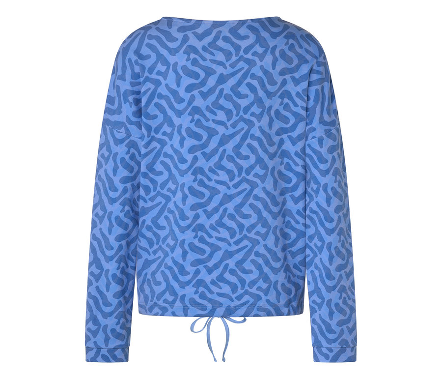 Blaues Langarmshirt mit abstraktem Muster und Kordelzug am Saum.