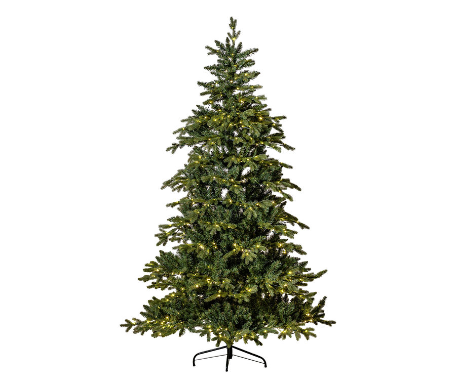 Großer, grüner LED-Weihnachtsbaum »Larvik« mit warmweißen Lichtern auf schwarzem Ständer.