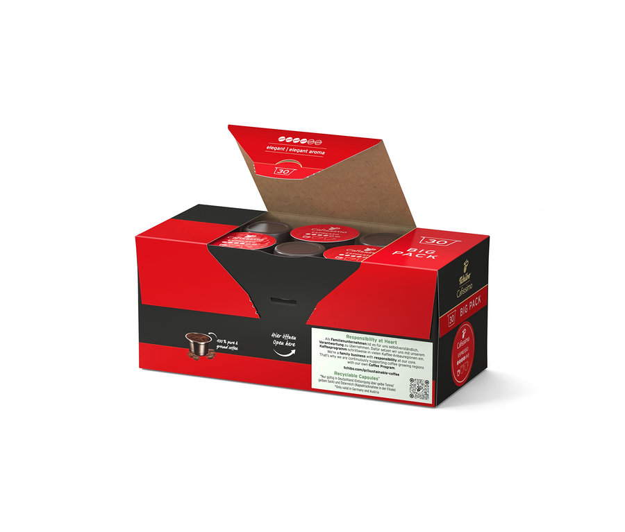 Offene rote und schwarze Schachtel mit 30 Cafissimo Espresso elegant Kapseln, die dunkle Kapseln mit roten Oberseiten zeigt.