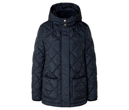 Dunkelblaue, gesteppte Jacke mit Kapuze, hohem Kragen mit goldfarbenen Druckknöpfen und zwei aufgesetzten Taschen.