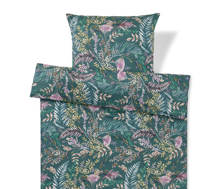 Dunkelgrüne Bettwäsche mit floralem Muster aus grünen, gelben, rosa und violetten Blättern und Blüten.