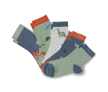 Fünf Sockenpaare liegen übereinander, mit Dinosaurier-Motiven in Grün, Grau und Blau.