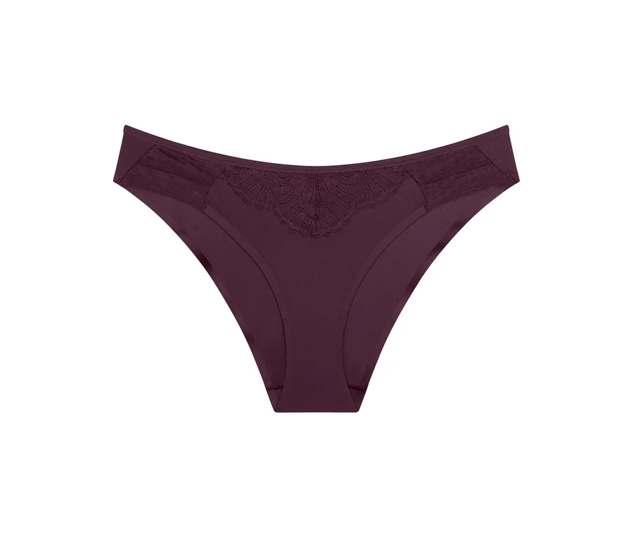 Burgundfarbene Damen-Slips mit einem muschelförmigen, spitzenähnlichen Muster vorne und transparenten, strukturierten Einsätzen an den Seiten des Bundes.