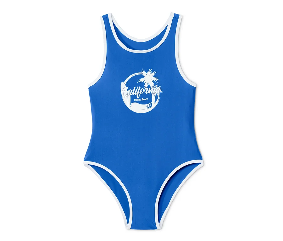 Blauer Badeanzug mit weißer Bordüre und Kalifornien-Aufdruck.