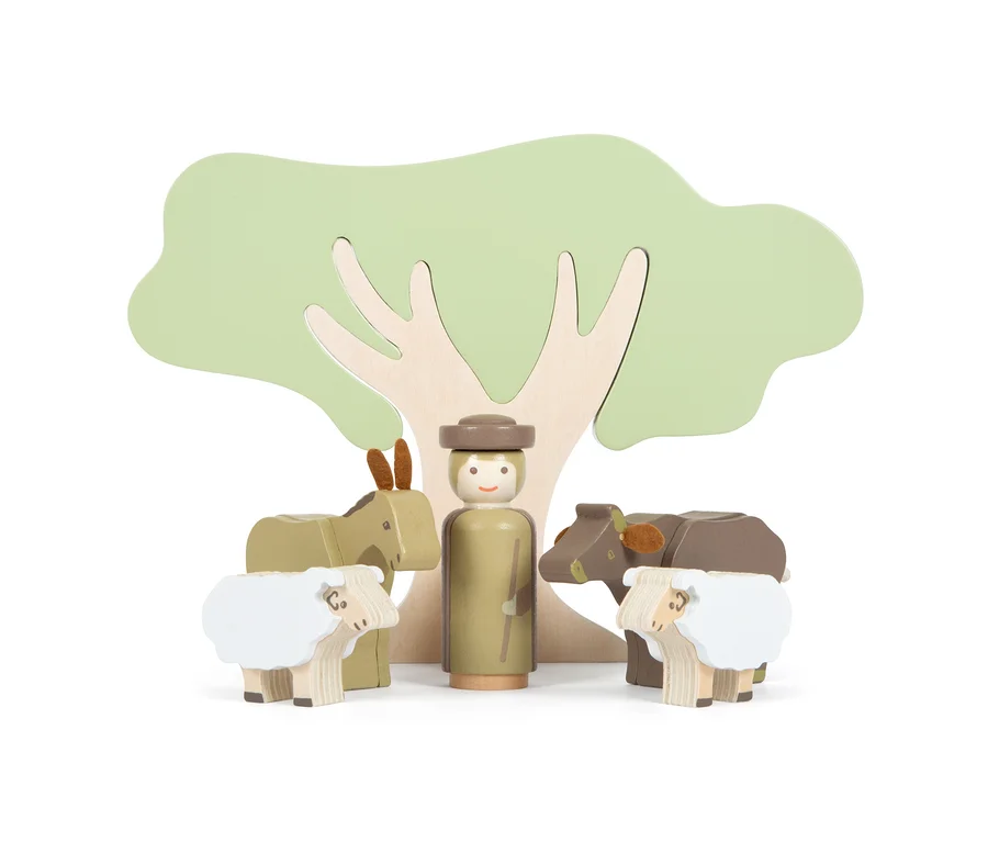 Holzspielset small foot Weihnachtskrippe mit Baum, Hirte, Esel, Kuh und zwei Schafen.