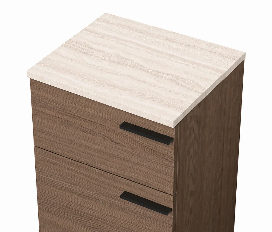 Dunkelbrauner Schrank mit heller, holzgemaserter oder marmorierter Oberfläche. Die Vorderseite hat zwei Schubladen mit dunkler Holzmaserung und schwarzen Griffen.