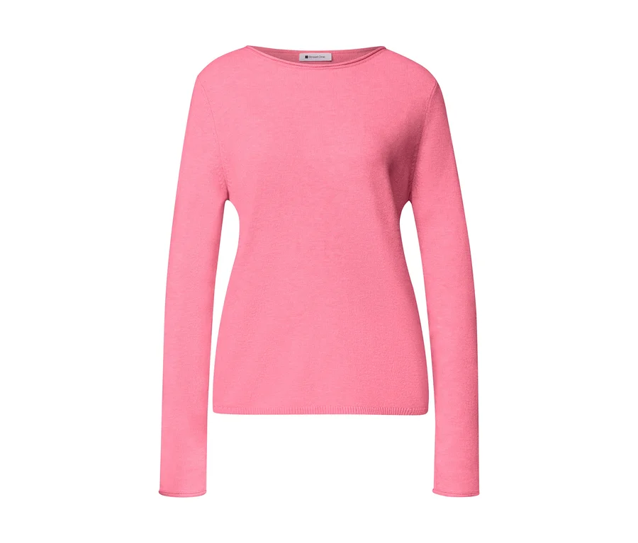 Rosafarbener Street One Strickpullover mit langen Ärmeln und U-Boot-Ausschnitt vor weißem Hintergrund.