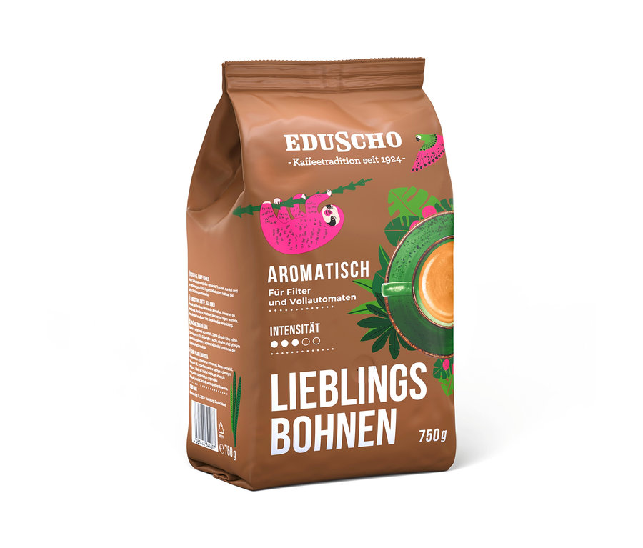 Braune Eduscho Lieblingsbohnen Aromatisch Ganze Bohne 750g Kaffeepackung mit Faultier, tropischen Blättern und Kaffeetasse, Intensität 3 von 5.