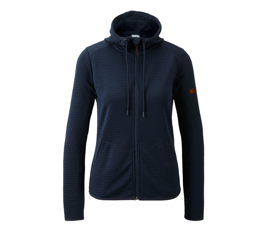 Eine marineblaue Kapuzen-Funktionsjacke mit einem Reißverschluss in der Mitte.