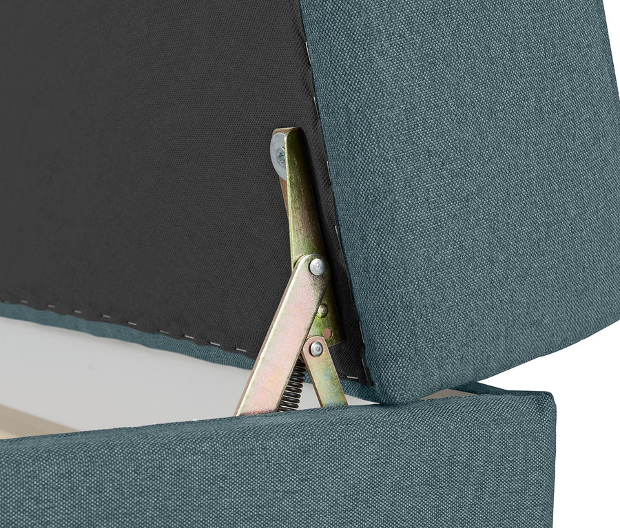 Detailansicht eines blau-grauen Federkern-Eckschlafsofas »Just Relax« mit Stauraumbank.