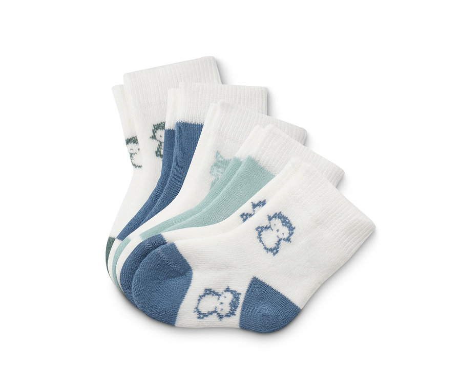 Fünf Paar Baumwoll-Babysocken in verschiedenen Farben mit Tiermotiven.
