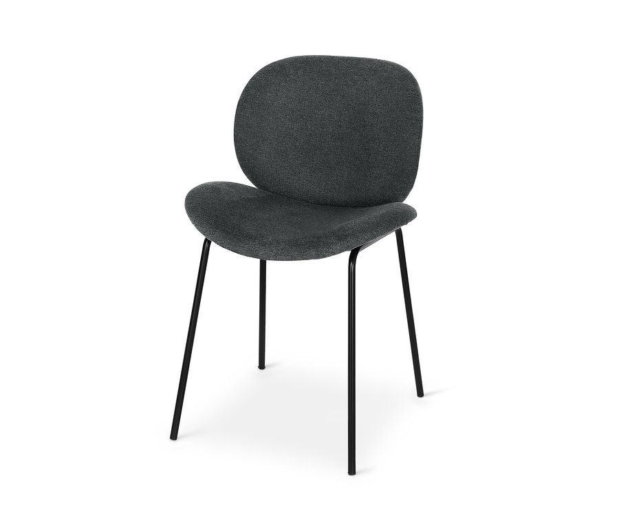 Dunkelgrauer, gepolsterter Designstuhl mit schwarzen Beinen.