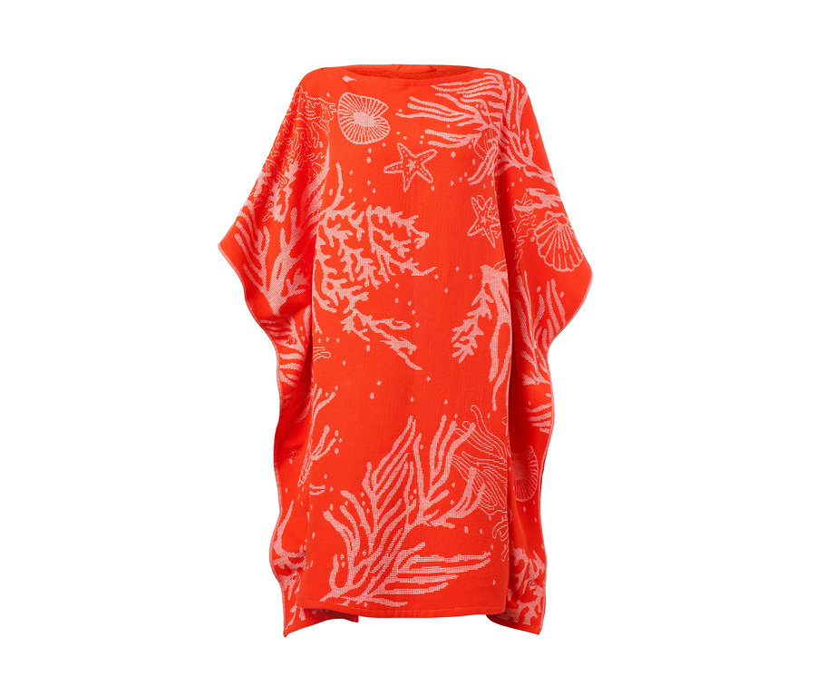 Orangefarbener 2-in-1-XL-Badetuch-Poncho mit weißen Meeresmotiven.