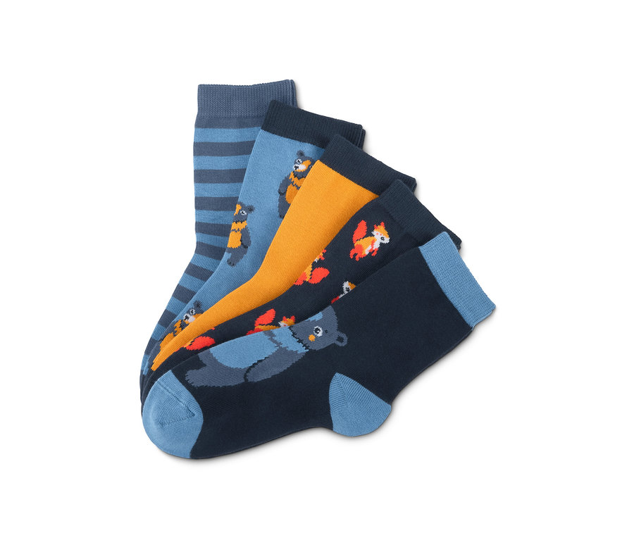 Fünf Paar Socken, mit Bär- und Fuchs-Motiven.