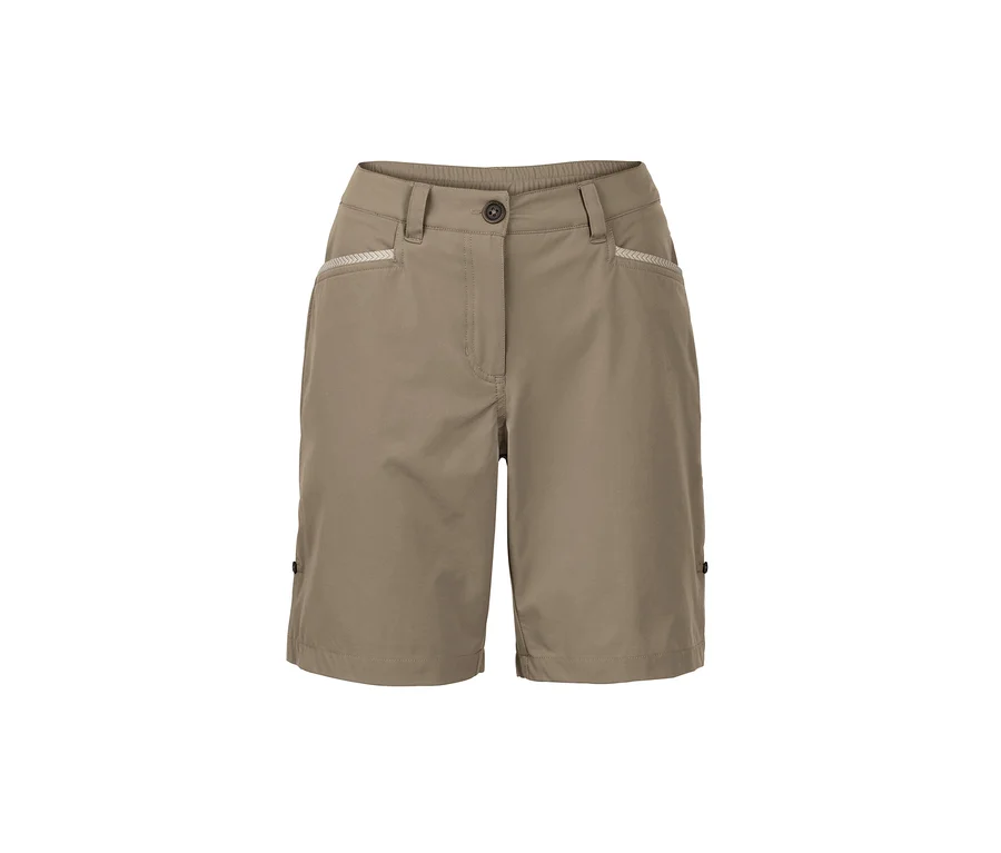 Beige Softshell-Funktionsshorts.