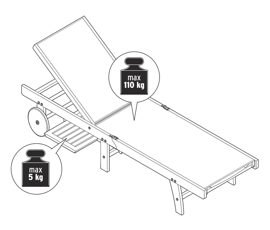 Schwarz-Weiß-Illustration einer klappbaren Gartenliege mit Textilbezug und ausziehbarem Tabletttisch Lenja. Die maximale Tragfähigkeit der Liege beträgt 110 kg, des Tisches 5 kg.