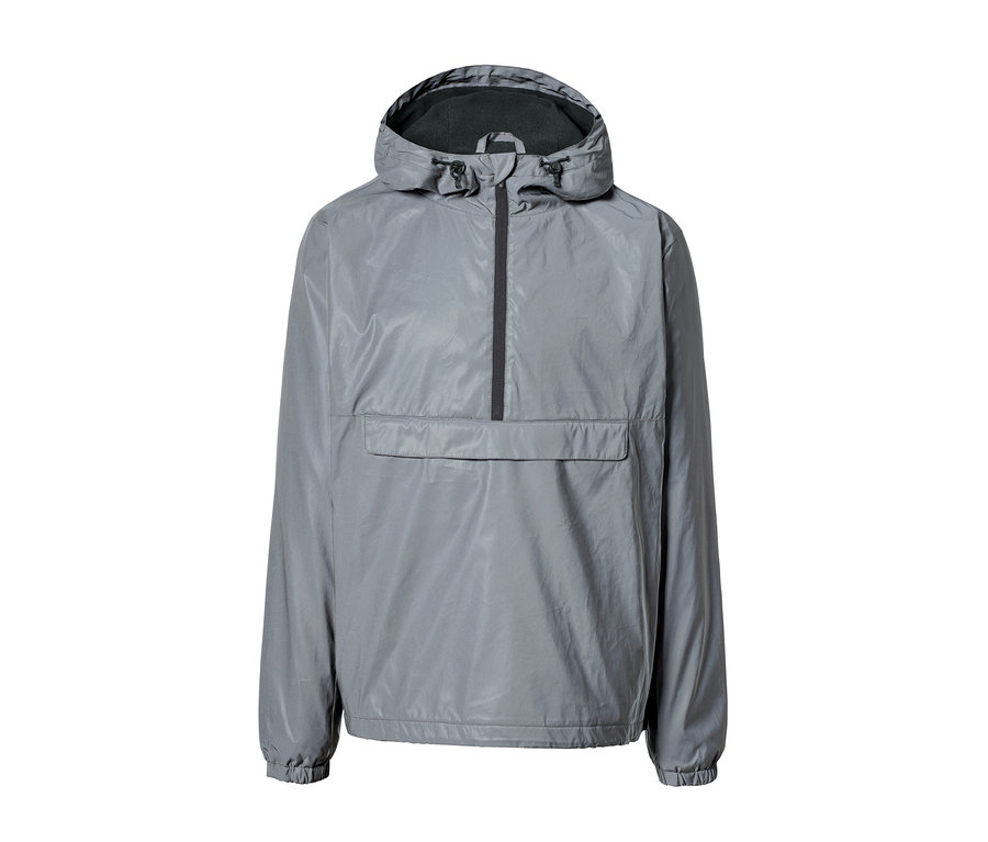 Graue, reflektierender Windbreaker mit Kapuze und schwarzem Reißverschluss in der Mitte.