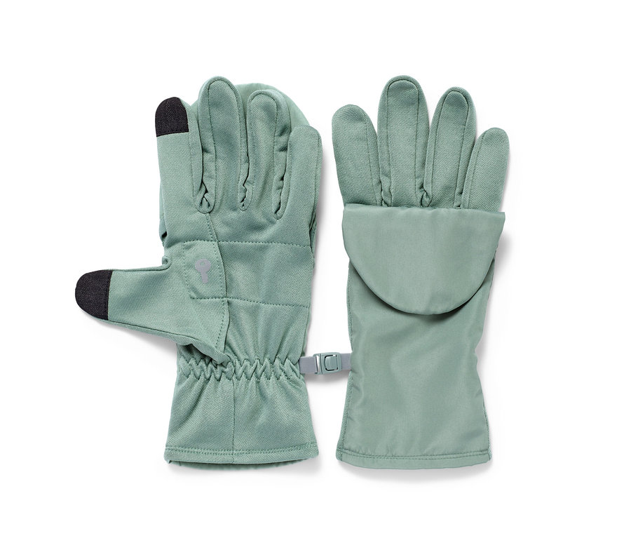 Zwei hellgrüne Klapp-Laufhandschuhe.