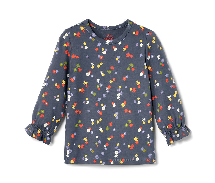 Blaues Kleinkind-Langarmshirt mit Blumenmuster.