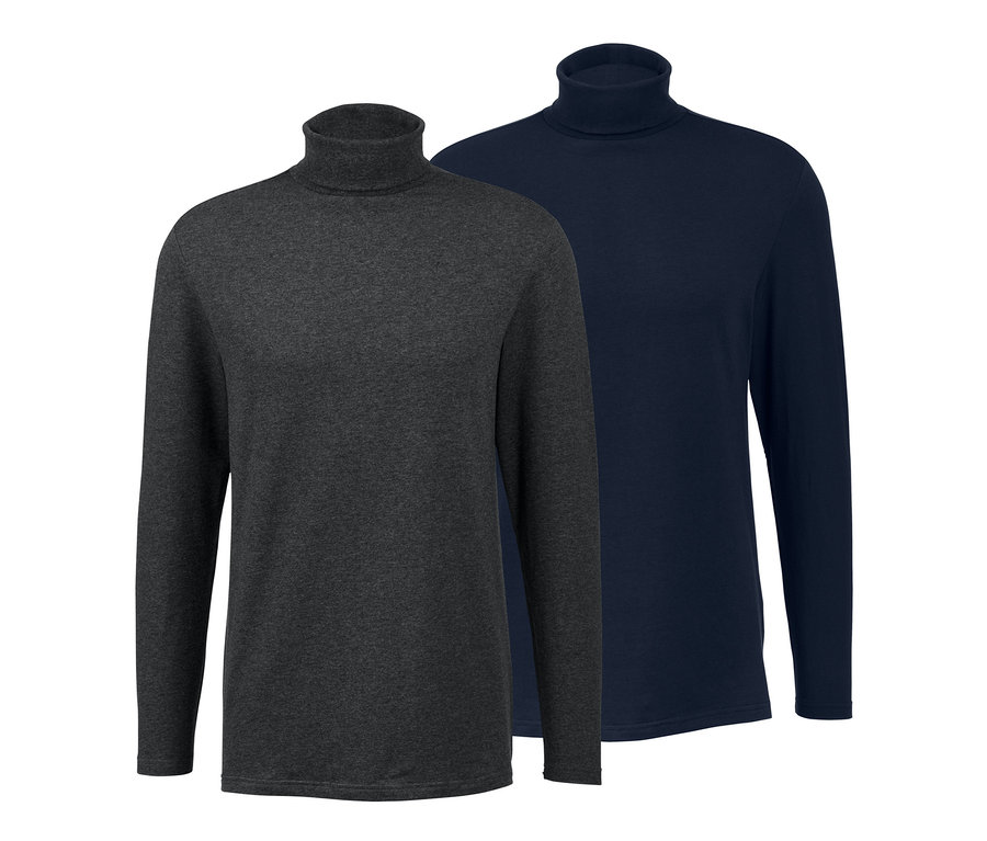 Zwei Rollkragenshirts, eins grau und eins dunkelblau.