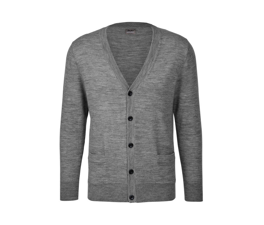 Grauer Merino-Cardigan mit Knöpfen und Taschen.