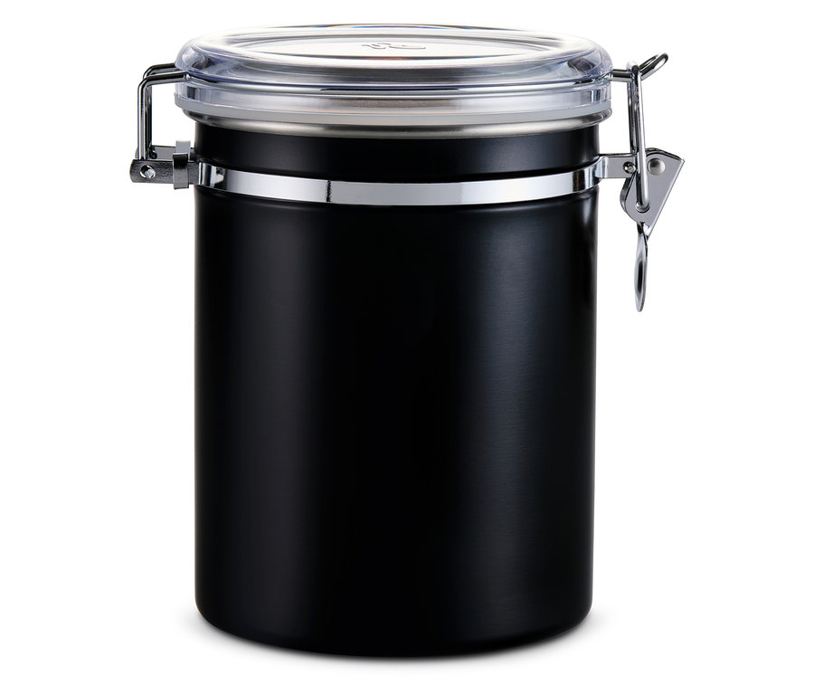 Eine schwarze Aromadose mit transparentem Deckel.