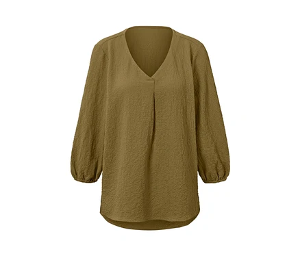 Eine braune Tunika-Bluse mit langen Ärmeln und V-Ausschnitt.
