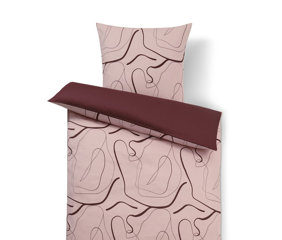 Tencel™-Baumwoll-Bettwäsche mit Muster und bordeauxfarbenem Rand.