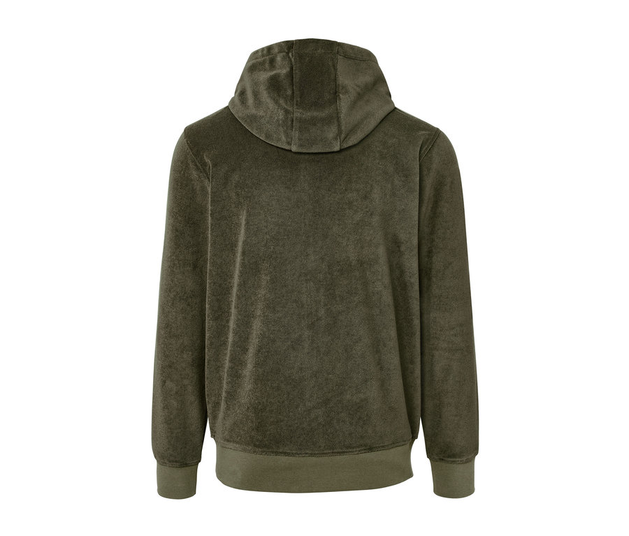 Rückansicht einer Frottee-Kapuzenjacke.