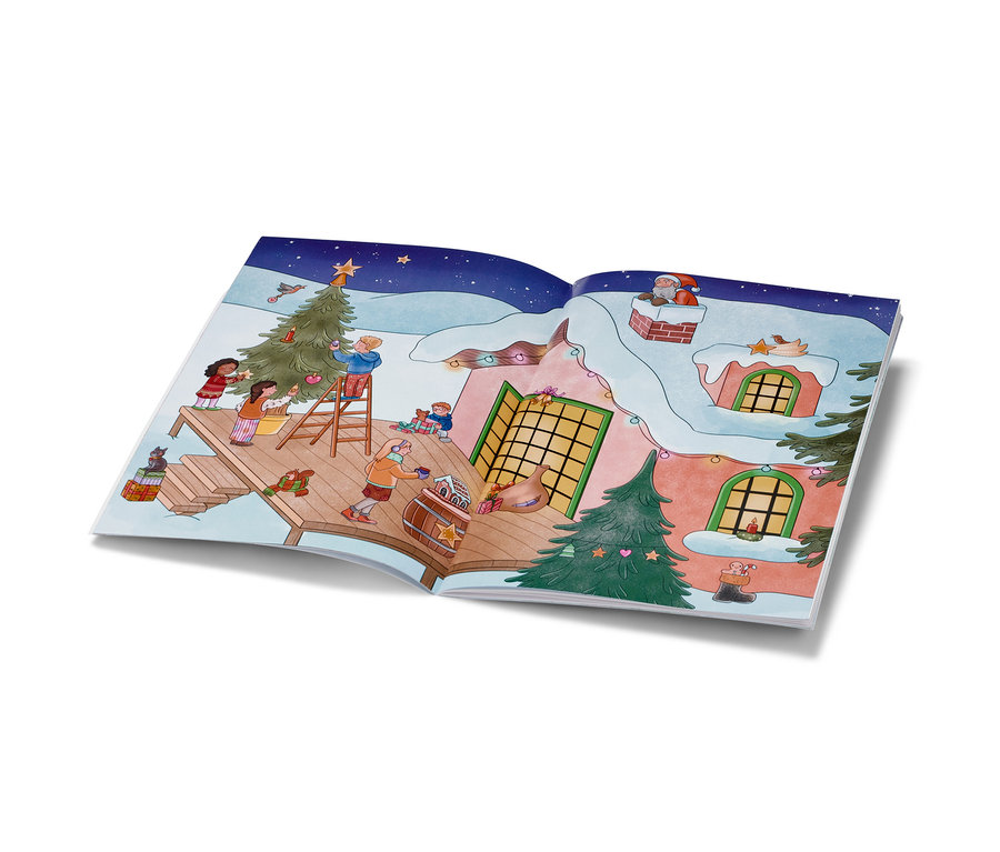 Illustration aus dem Mein Stickerbuch »Weihnachten«: Kinder schmücken einen Weihnachtsbaum und ein Haus, auf dem Schornstein sitzt der Weihnachtsmann.