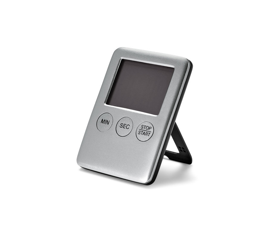 Ein silberner Digitaler Kurzzeitmesser steht auf einer weißen Oberfläche.