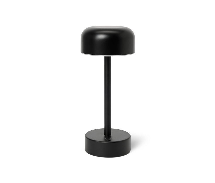 Eine schwarze LED-Akku-Tischleuchte auf einem weißen Hintergrund.